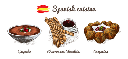 Spanish menu colorful illustration. Vector illustration of Spanish cuisine.のイラスト素材