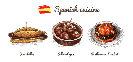 Spanish menu colorful illustration. Vector illustration of Spanish cuisine.のイラスト素材