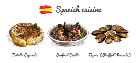 Spanish menu colorful illustration. Vector illustration of Spanish cuisine.のイラスト素材