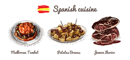 Spanish menu colorful illustration. Vector illustration of Spanish cuisine.のイラスト素材