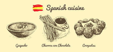 Spanish menu monochrome illustration. Vector illustration of Spanish cuisine.のイラスト素材