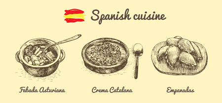 Spanish menu monochrome illustration. Vector illustration of Spanish cuisine.のイラスト素材