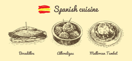 Spanish menu monochrome illustration. Vector illustration of Spanish cuisine.のイラスト素材