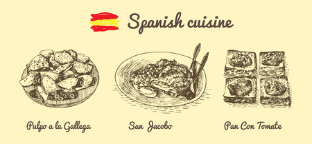 Spanish menu monochrome illustration. Vector illustration of Spanish cuisine.のイラスト素材
