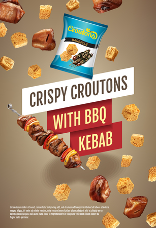 Vector realistic illustration of croutons with BBQ kebab.のイラスト素材