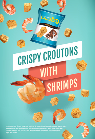 Crispy croutons ads. Vector realistic illustration of croutons with shrimps. Vertical poster with product.のイラスト素材