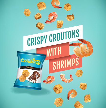 Crispy croutons ads. Vector realistic illustration of croutons with shrimps. Poster with product.のイラスト素材