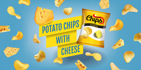 Potato chips ads. Vector realistic illustration of potato chips with cheese.のイラスト素材