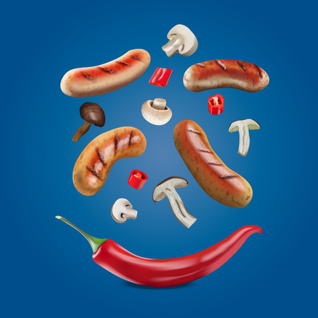 Vector realistic colorful illustration of ingredients. Vector illustration of sausage, mushroom and chilli..のイラスト素材