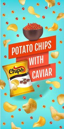 Potato chips ads. Vector realistic illustration with potato chips with caviar. Vertical banner with product.のイラスト素材