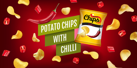 Potato chips ads. Vector realistic illustration of potato chips with chilli. Horizontal banner with product.のイラスト素材