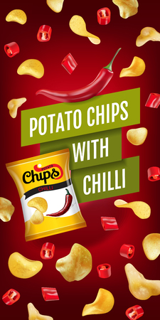 Potato chips ads. Vector realistic illustration with potato chips with chilli. Vertical banner with product.のイラスト素材