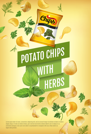 Potato chips ads. Vector realistic illustration with potato chips with herbs. Vertical poster with product.のイラスト素材