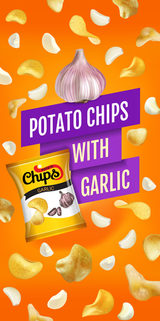 Potato chips ads. Vector realistic illustration with potato chips with garlic. Vertical banner with product.のイラスト素材