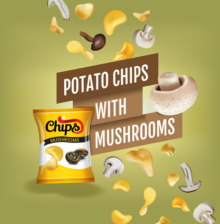 Potato chips ads. Vector realistic illustration with potato chips with mushrooms. Poster with product.のイラスト素材