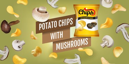 Potato chips ads. Vector realistic illustration of potato chips with mushrooms. Horizontal banner with product.のイラスト素材