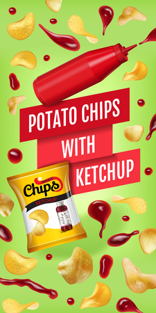 Potato chips ads. Vector realistic illustration with potato chips with ketchup. Vertical banner with product.のイラスト素材