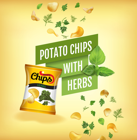 Potato chips ads. Vector realistic illustration with potato chips with herbs. Poster with product.のイラスト素材