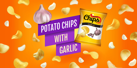 Potato chips ads. Vector realistic illustration of potato chips with garlic. Horizontal banner with product.のイラスト素材