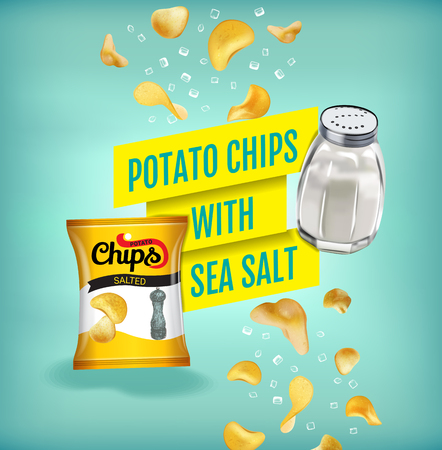 Potato chips ads. Vector realistic illustration with potato chips with sea salt. Poster with product.のイラスト素材