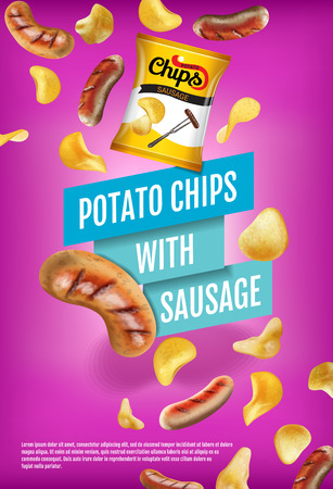 Potato chips ads. Vector realistic illustration with potato chips with sausage. Vertical poster with product.のイラスト素材