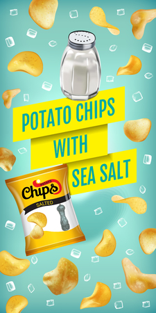 Potato chips ads. Vector realistic illustration with potato chips with sea salt. Vertical banner with product.のイラスト素材