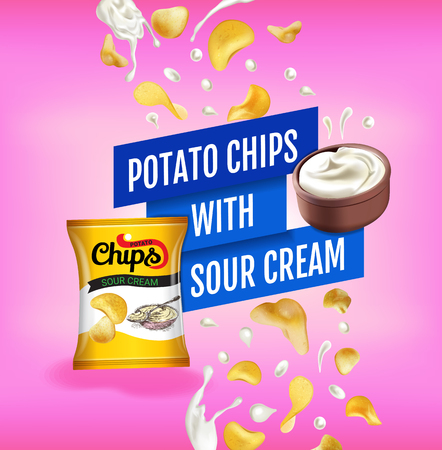 Potato chips ads. Vector realistic illustration with potato chips with sour cream. Poster with product.のイラスト素材