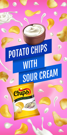 Potato chips ads. Vector realistic illustration with potato chips with sour cream. Vertical banner with product.のイラスト素材