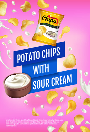 Potato chips ads. Vector realistic illustration with potato chips with sour cream. Vertical poster with product.のイラスト素材