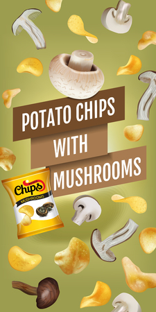 Potato chips ads. Vector realistic illustration with potato chips with mushrooms. Vertical banner with product.のイラスト素材