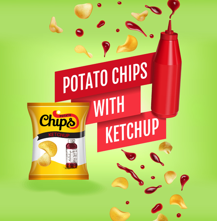 Potato chips ads. Vector realistic illustration with potato chips with ketchup. Poster with product.のイラスト素材