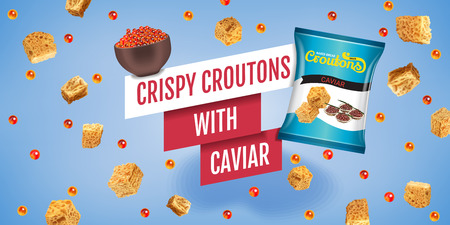 Crispy croutons ads. Vector realistic illustration of croutons with caviar. Horizontal banner with product.のイラスト素材