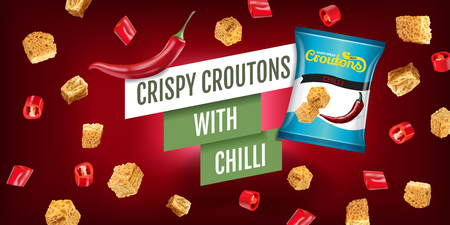 Crispy croutons ads. Vector realistic illustration of croutons with chilli. Horizontal banner with product.のイラスト素材