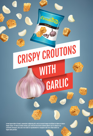 Crispy croutons ads. Vector realistic illustration of croutons with garlic. Vertical poster with product.のイラスト素材