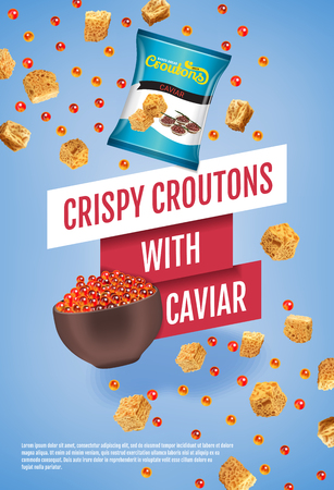 Crispy croutons ads. Vector realistic illustration of croutons with caviar. Vertical poster with product.のイラスト素材