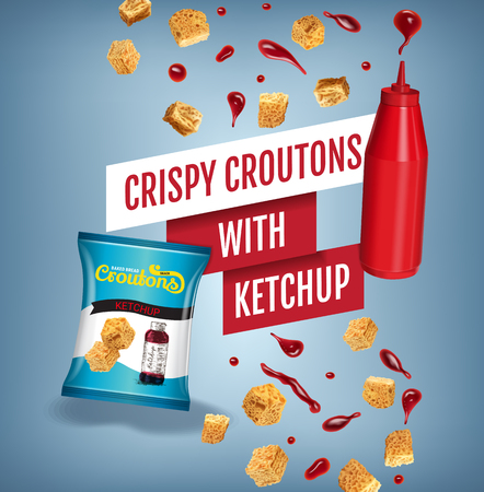 Crispy croutons ads. Vector realistic illustration of croutons with ketchup. Poster with product.のイラスト素材