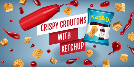 Vector realistic illustration of croutons with ketchupのイラスト素材