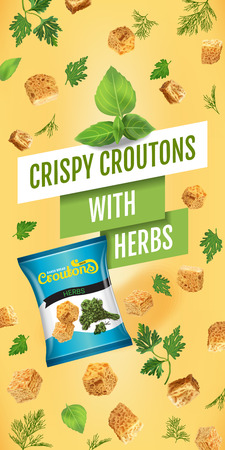 Crispy croutons ads. Vector realistic illustration of croutons with herbs. Vertical banner with product.のイラスト素材