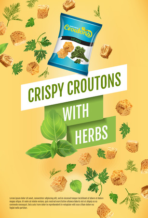 Crispy croutons ads. Vector realistic illustration of croutons with herbs. Vertical poster with product.のイラスト素材