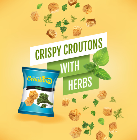 Crispy croutons ads. Vector realistic illustration of croutons with herbs. Poster with product.のイラスト素材
