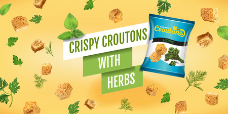 Crispy croutons ads. Vector realistic illustration of croutons with herbs. Horizontal banner with product.のイラスト素材