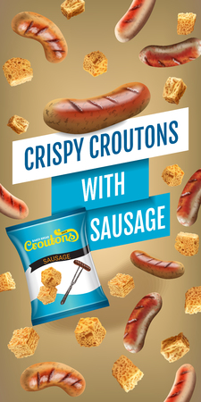 Crispy croutons ads. Vector realistic illustration of croutons with sausage. Vertical banner with product.のイラスト素材