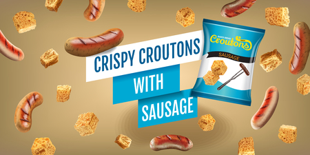 Crispy croutons ads. Vector realistic illustration of croutons with sausage. Horizontal banner with product.のイラスト素材