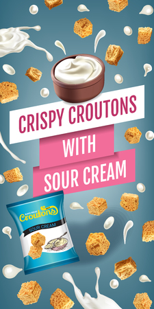 Crispy croutons ads. Vector realistic illustration of croutons with sour cream. Vertical banner with product.のイラスト素材