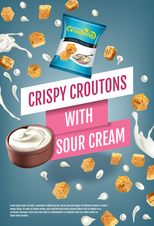 Crispy croutons ads. Vector realistic illustration of croutons with sour cream. Vertical poster with product.のイラスト素材