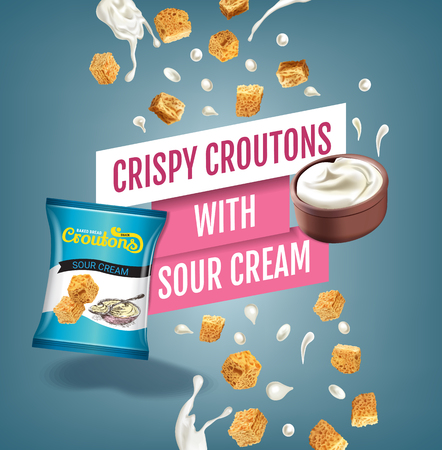 Crispy croutons ads. Vector realistic illustration of croutons with sour cream. Poster with product.のイラスト素材