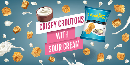 Crispy croutons ads. Vector realistic illustration of croutons with sour cream. Horizontal banner with product.のイラスト素材
