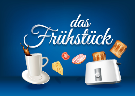 Breakfast in german language, paper hand lettering calligraphy. Vector realistic illustration with food, drink objects and text.のイラスト素材