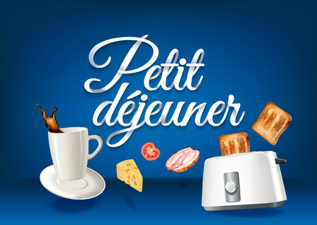 Breakfast in french language, paper hand lettering calligraphy. Vector realistic illustration with food.のイラスト素材