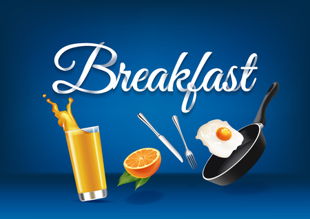 Breakfast paper hand lettering calligraphy. Vector realistic illustration with food, drink objects and text.のイラスト素材